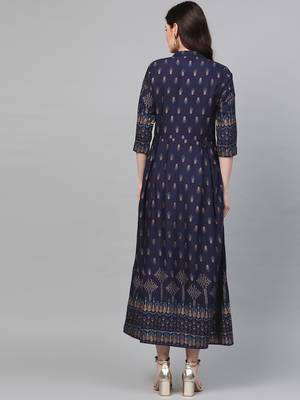 Navy-blue printed liva long-kurtis 2