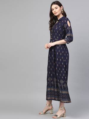 Navy-blue printed liva long-kurtis 3