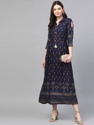 Navy-blue printed liva long-kurtis 4