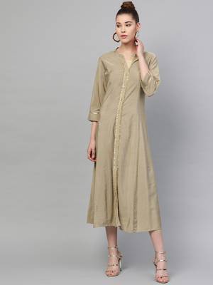 Beige plain polyester long-kurtis 1