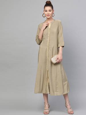 Beige plain polyester long-kurtis 4