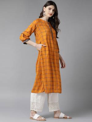 Orange printed liva ethnic-kurtis 3