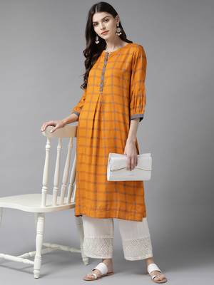 Orange printed liva ethnic-kurtis 4