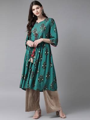 Dark-teal printed liva ethnic-kurtis 1