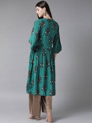 Dark-teal printed liva ethnic-kurtis 2