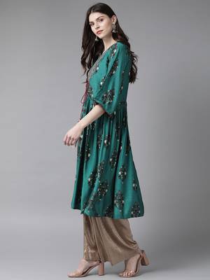 Dark-teal printed liva ethnic-kurtis 3