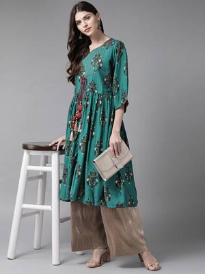 Dark-teal printed liva ethnic-kurtis 4