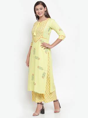 Yellow printed rayon kurtas-and-kurtis 3