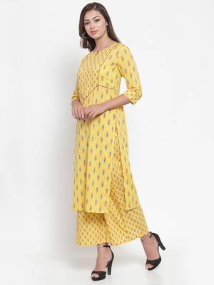 Yellow printed cotton kurtas-and-kurtis 3
