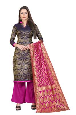 Navy Blue Jacquard Unstitched Salwar With Dupatta 1