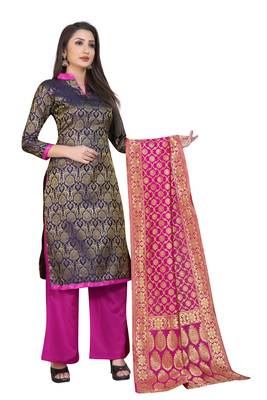 Navy Blue Jacquard Unstitched Salwar With Dupatta 2