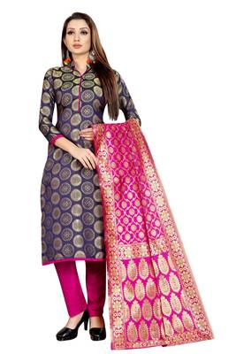 Navy Blue Jacquard Unstitched Salwar With Dupatta 1