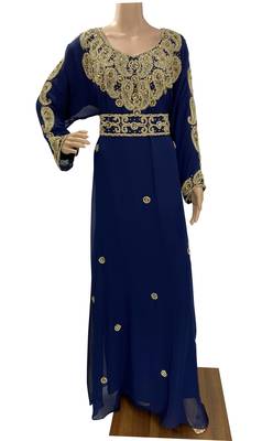 navy blue moroccan islamic dubai kaftan farasha zari and stone work dress 1