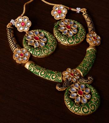 Kundan Embellished Green Meenakari Worked Designer Necklace 317FNN171 1