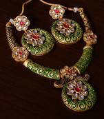 Kundan Embellished Green Meenakari Worked Designer Necklace 317FNN171