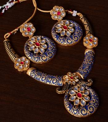 Kundan Embellished Blue Meenakari Worked Designer Necklace 317FNN172 1