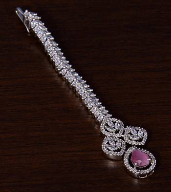 Rhodium Plated Baby Pink and AD Stone Embellished Designer Tikka 217MTS120 1