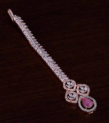 Rose Gold Plated Baby Pink and AD Stone Embellished Designer Tikka 217MTS124 1