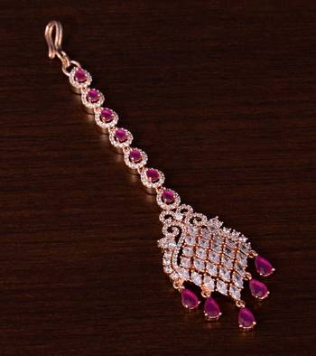 Rose Gold Plated Ruby and AD Stone Embellished Designer Maang Tikka 217MTS128 1