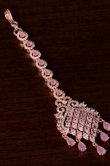 Rose Gold Plated Baby Pink and AD Stone Embellished Designer Maang Tikka 217MTS129
