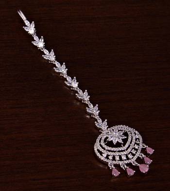 Rhodium Plated Baby Pink and AD Stone Embellished Designer Maang Tikka 217MTS130 1
