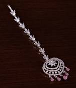 Rhodium Plated Baby Pink and AD Stone Embellished Designer Maang Tikka 217MTS130