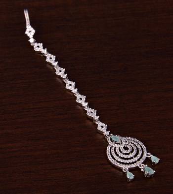 Rhodium Plated Mint and AD Stone Embellished Designer Maang Tikka 217MTS132 1