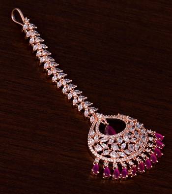 Rose Gold Plated Ruby and AD Stone Embellished Designer Maang Tikka 217MTS137 1