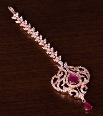 Rose Gold Plated Ruby and AD Stone Embellished Designer Maang Tikka 217MTS140 1