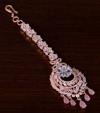Rose Gold Plated Pink and AD Stone Embellished Designer Maang Tikka 217MTS142 1