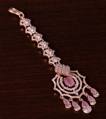 Rose Gold Plated Pink and AD Stone Embellished Designer Maang Tikka 217MTS144 1