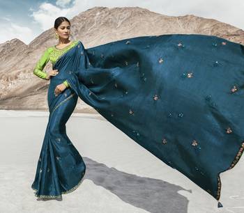 Teal Embroidered Silk Blend Saree With Blouse 1