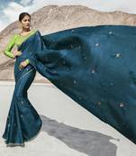 Teal Embroidered Silk Blend Saree With Blouse