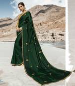 Dark Green Embroidered Silk Blend Saree With Blouse