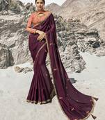Wine Embroidered Silk Blend Saree With Blouse