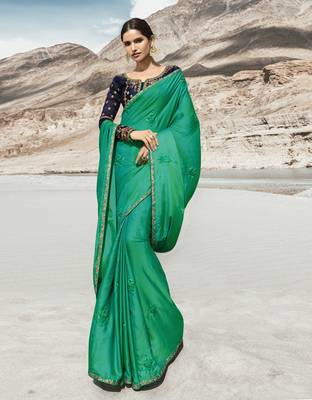 Sea Green Embroidered Silk Blend Saree With Blouse 1