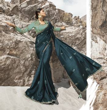 Teal Embroidered Silk Blend Saree With Blouse 1