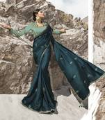 Teal Embroidered Silk Blend Saree With Blouse