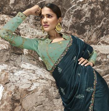 Teal Embroidered Silk Blend Saree With Blouse 2