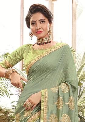 Light green embroidered chanderi silk saree with blouse 2