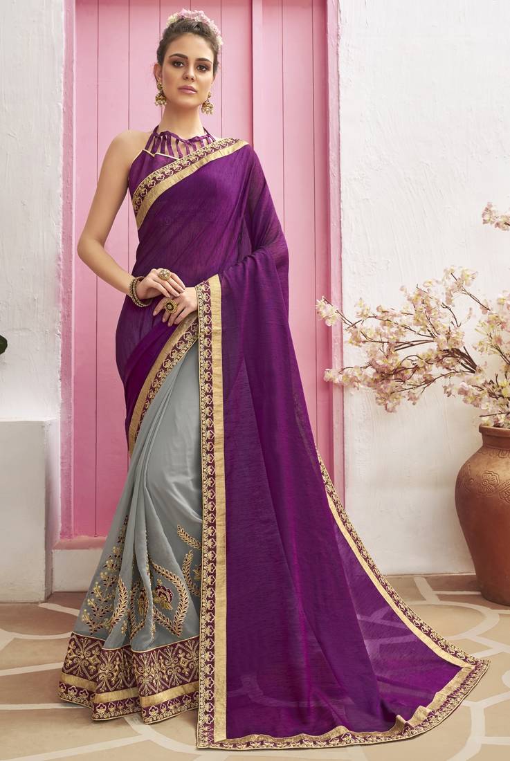 Grey plain georgette saree with blouse