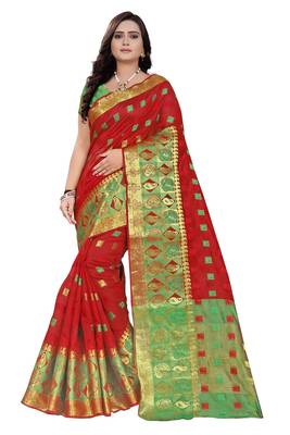 Red Woven Cotton Saree With Blouse 1