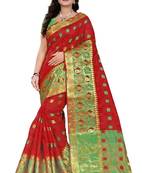 Red Woven Cotton Saree With Blouse