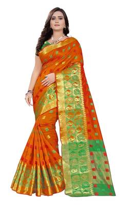 Orange Woven Cotton Saree With Blouse 1