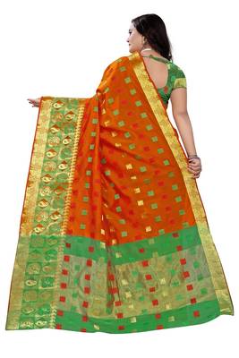 Orange Woven Cotton Saree With Blouse 2