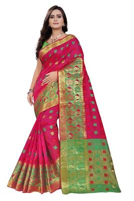 Pink Woven Cotton Saree With Blouse 1