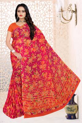 Red Pure Chiffon floral printed saree 1