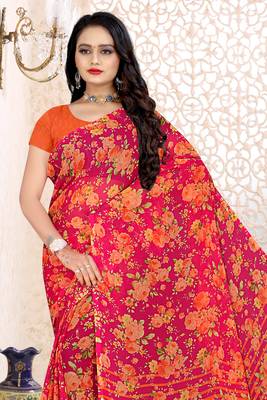 Red Pure Chiffon floral printed saree 2