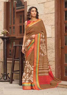 Brown printed faux linen saree with blouse 1
