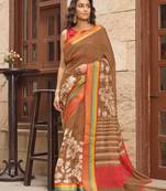 Brown printed faux linen saree with blouse